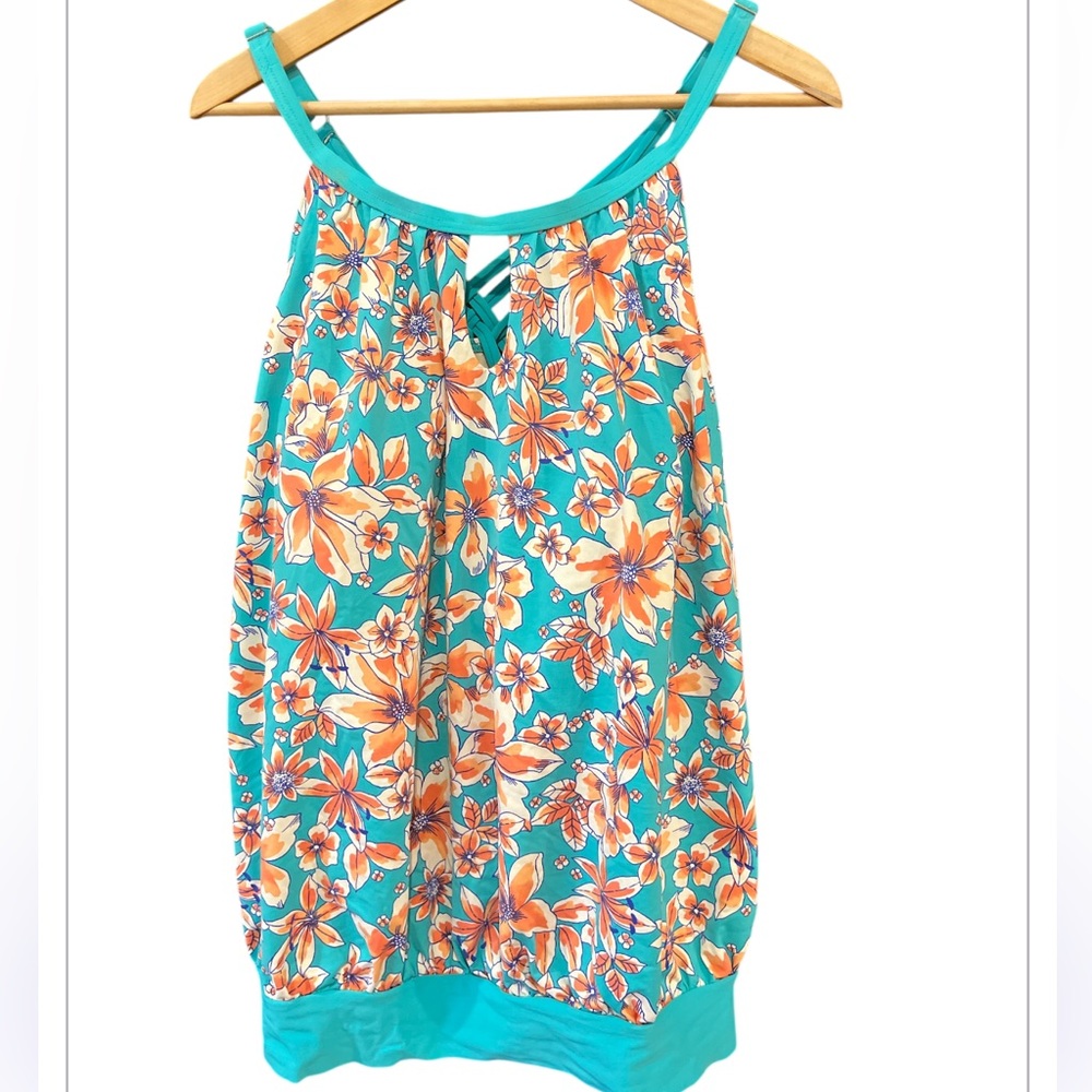 Lands’ End Tankini Swimsuit Top Blouse on Floral Turquoise Coral Strappy sz 24W - Picture 14 of 15